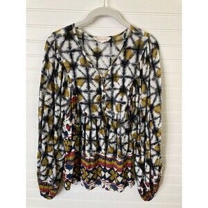 Solitaire Boho Blouse Long Sleeve XL Women Graphic Mixed Print Cotton Rayon